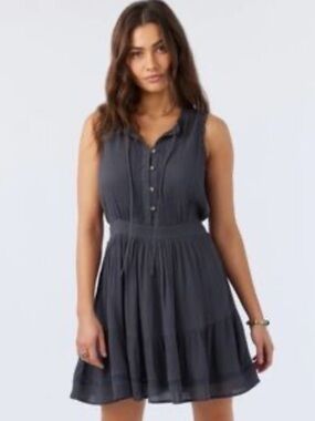O’Neill Edie gray sleeveless mini dress with ruffle, lace and button details, XS